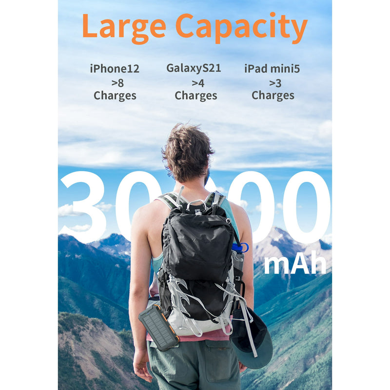 SOLPOWBEN 30000mAh Solar Charger for Cell Phone iPhone, Portable Solar Power Bank with Dual 5V USB Ports, 2 Led Light Flashlight, Compass Battery Pack for Outdoor Camping Hiking (Orange)