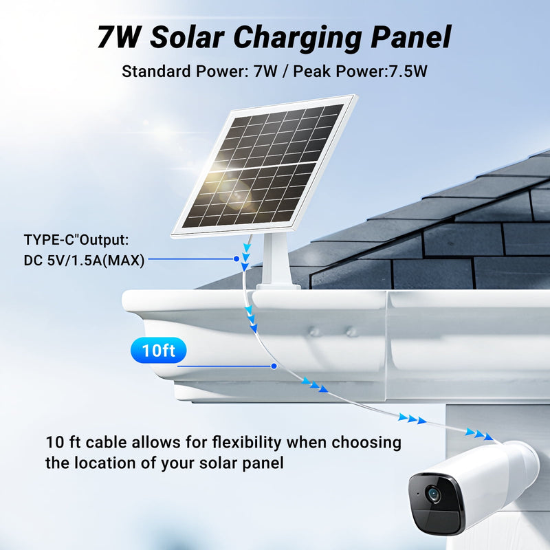 Solar Panel for Security Camera, 7W High-Efficiency Solar Cells, Camera Solar Panel Charger with IP65 Waterproof, Flexible Adjustment Bracket, 10ft Cable Compatible with DC 5V/1.5A Type-C & Micro USB