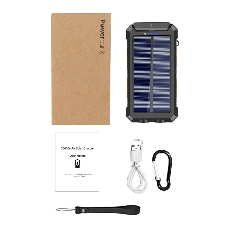 SOLPOWBEN 30000mAh Solar Charger for Cell Phone iPhone, Portable Solar Power Bank with Dual 5V USB Ports, 2 Led Light Flashlight, Compass Battery Pack for Outdoor Camping Hiking (Orange)