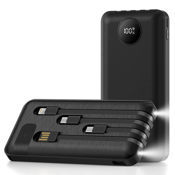Yelomin 20000mAh Power Bank for iPhone, Portable Charger with 4 Built-in Cables, Battery Pack with LED Display&Flashlight, Phone Charger for Travel,Compatible iPhone Android Samsung Devices (Black)