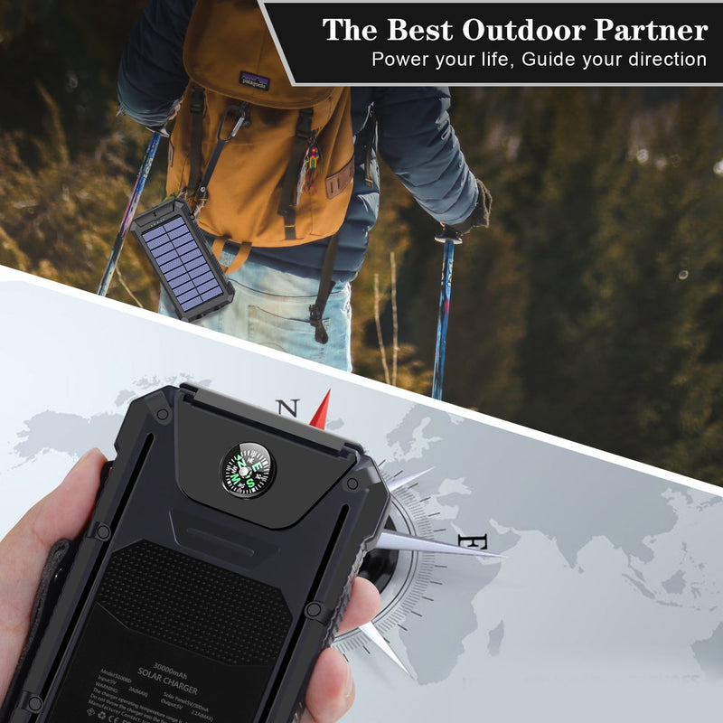 SOLPOWBEN 30000mAh Solar Charger for Cell Phone iPhone, Portable Solar Power Bank with Dual 5V USB Ports, 2 Led Light Flashlight, Compass Battery Pack for Outdoor Camping (Black)