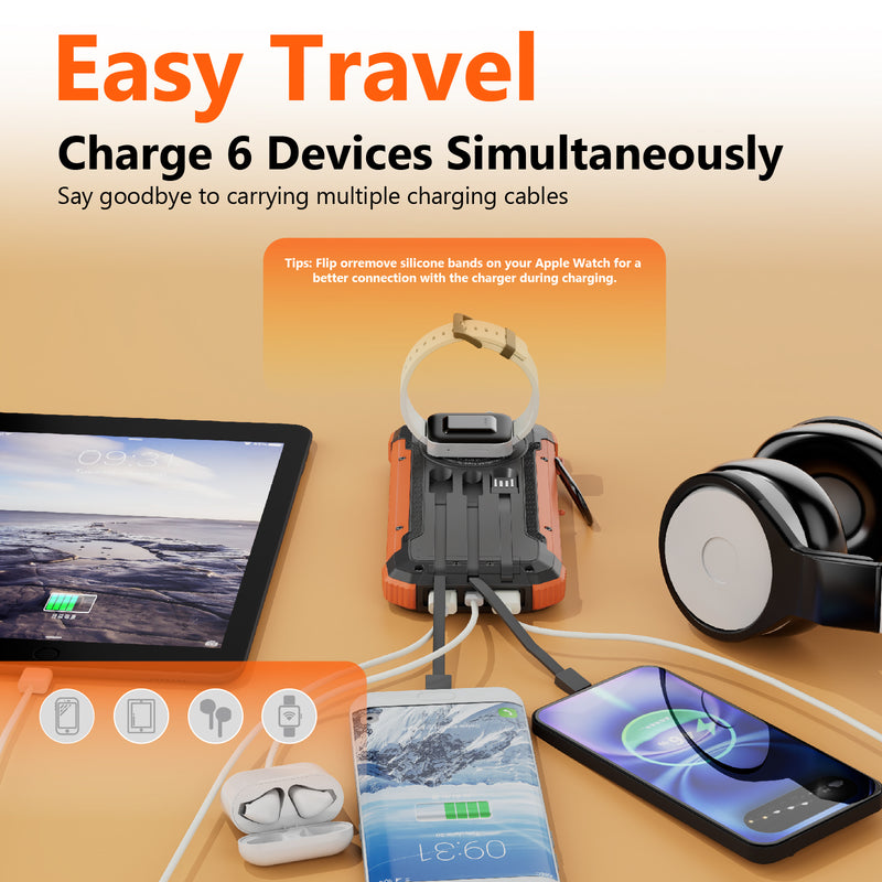 SOLPOWBEN Solar Power Bank,20000mAh Portable Charger with Built-in 3 Cable,5W Wireless Charger Compatible with iPhone,Android-Camping,Hiking,Travel Essentials(Orange)