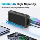 Solar Charger Power Bank 20000mAh Portable Charger with 4 Built-in Cables and USB-C in/Output, Dual Emergency Flashlights, Waterproof Outdoor Battery Pack for Camping, Hiking, Travel, and Storm Prep