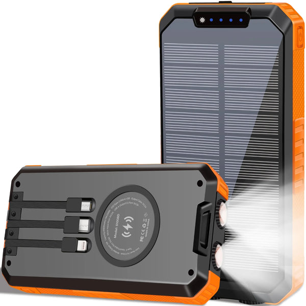 49800mAh Solar Power Bank Portable Solar Charger Built in 3 Cables and 5W Wireless Charger Power Bank Built-in Super Bright Flashlight,Suitable for Outdoor Camping Hiking ﻿