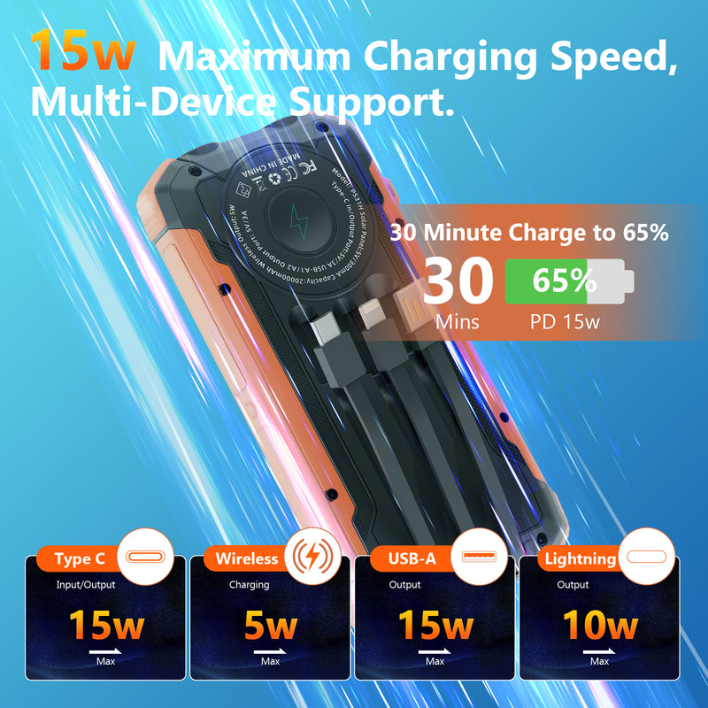 SOLPOWBEN Solar Power Bank,20000mAh Portable Charger with Built-in 3 Cable,5W Wireless Charger Compatible with iPhone,Android-Camping,Hiking,Travel Essentials(Orange)