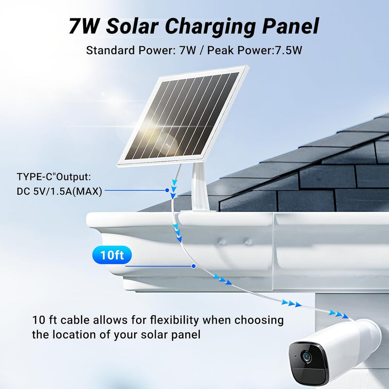 Solar Panel for Security Camera, 7W High-Efficiency Solar Cells, Camera Solar Panel Charger with IP65 Waterproof, Flexible Adjustment Bracket, 10ft Cable Compatible with DC 5V/1.5A Type-C & Micro USB