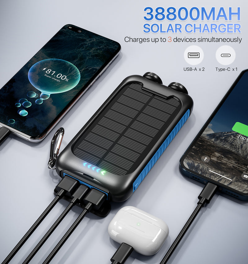 Nuynix 38800mAh Portable Phone Charger with 1 Type C & 2 USB Ports Built-in Dual LED Flashlight, 15W Fast Charging Waterproof Solar Panel Charger for iPhone, iPad, Samsung