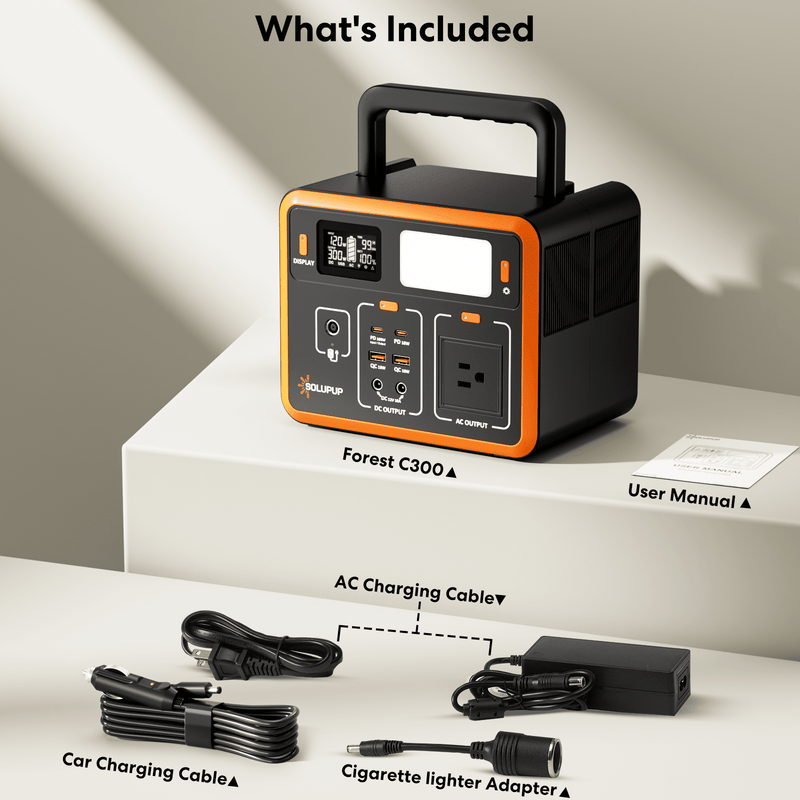 SOLUPUP 300W Portable Power Station, 90000mAh LiFePO4 Power Station w/ 8 Outlets, Outdoor Solar Generator for Camping, RV, Home Backup, Emergency Power w/ LED Light