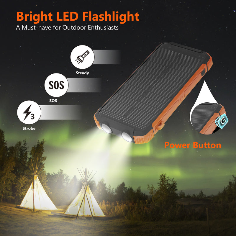 SOLPOWBEN Solar Power Bank,20000mAh Portable Charger with Built-in 3 Cable,5W Wireless Charger Compatible with iPhone,Android-Camping,Hiking,Travel Essentials(Orange)