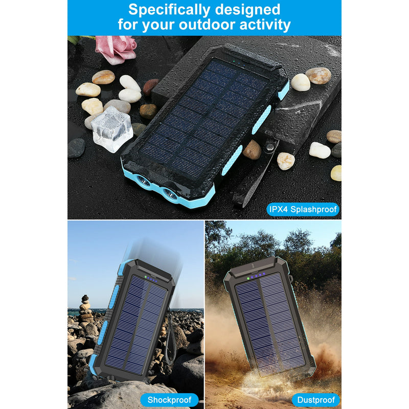 SOLPOWBEN 30000mAh Solar Charger for Cell Phone iPhone, Portable Solar Power Bank with Dual 5V USB Ports, 2 Led Light Flashlight, Compass Battery Pack for Outdoor (Blue)