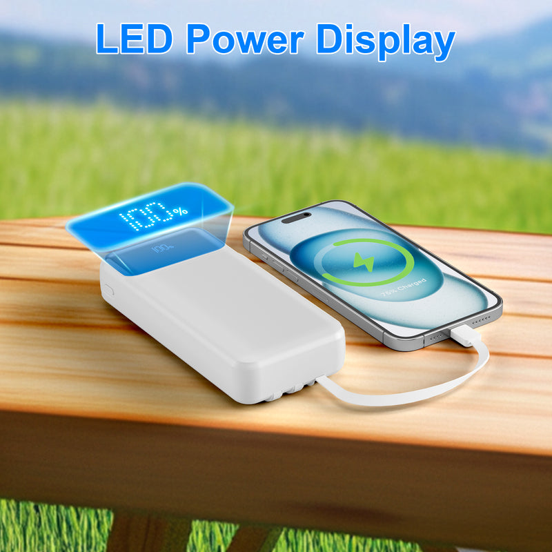 49800mAh Power Bank with Built in Cables, 22.5W Fast Charging Portable Charger, 4 Outputs 3 Inputs Led Display Battery Pack, Travel Camping Essentials Phone Charger for iPhone/iPad/Samsung/LG, White