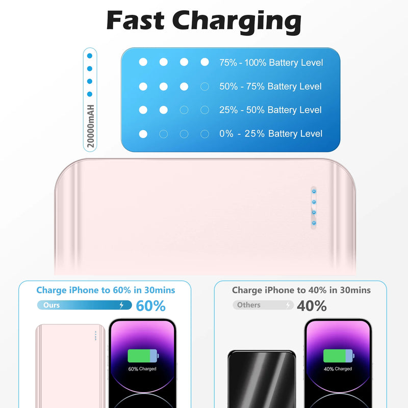 20000 mAh Portable Charger Power Bank Dual USB Battery Pack for iPhone, iPad, Galaxy, Android, Pixel and Tablet (Pink)