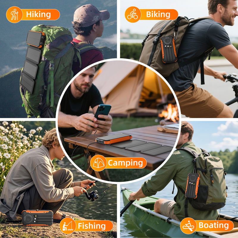 SOLPOWBEN 20000mAh Solar Power Bank With 4 Solar Panels,Portable Charger with Built-in 3 Cables and 5W Wireless Charging,Phone Charger Compatible with iPhone/Android-Camping/Travel Essentials(Orange)