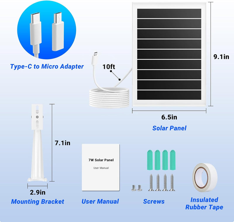 Solar Panel for Security Camera, 7W High-Efficiency Solar Cells, Camera Solar Panel Charger with IP65 Waterproof, Flexible Adjustment Bracket, 10ft Cable Compatible with DC 5V/1.5A Type-C & Micro USB