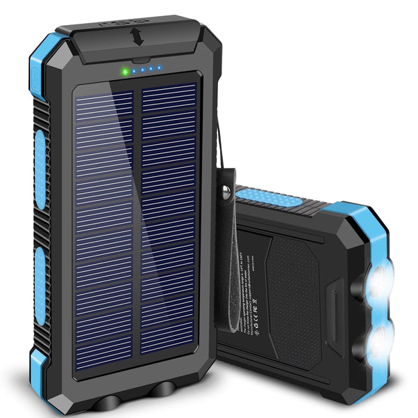 SOLPOWBEN 30000mAh Solar Charger for Cell Phone iPhone, Portable Solar Power Bank with Dual 5V USB Ports, 2 Led Light Flashlight, Compass Battery Pack for Outdoor (Blue)