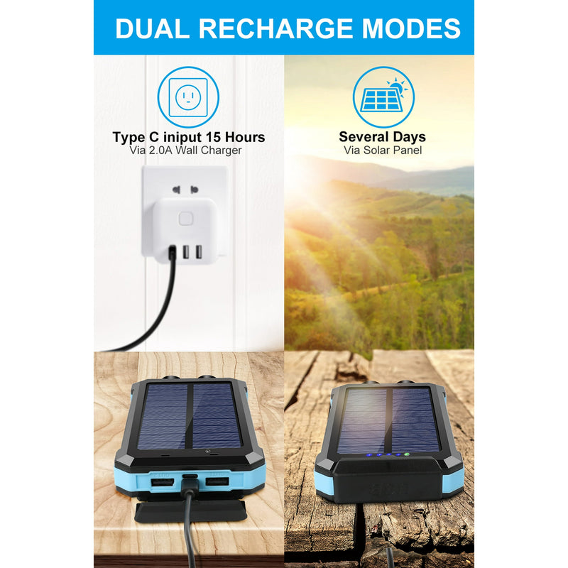 SOLPOWBEN 30000mAh Solar Charger for Cell Phone iPhone, Portable Solar Power Bank with Dual 5V USB Ports, 2 Led Light Flashlight, Compass Battery Pack for Outdoor (Blue)