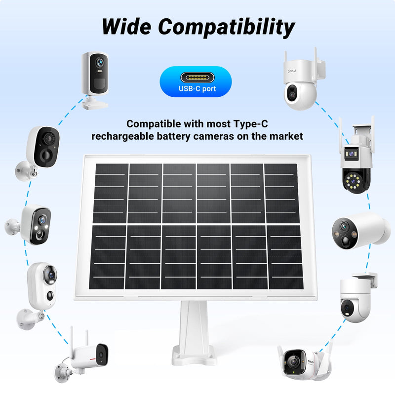 Solar Panel for Security Camera, 7W High-Efficiency Solar Cells, Camera Solar Panel Charger with IP65 Waterproof, Flexible Adjustment Bracket, 10ft Cable Compatible with DC 5V/1.5A Type-C & Micro USB