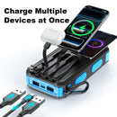 Solar Power Bank 20000mAh, Solar Charger Portable Phone Charger with 4 Built-in Cables, USB-C Fast Charging, Waterproof Battery Pack with Dual Flashlight for Camping Hiking Travel Storm Emergency