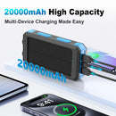 Solar Power Bank 20000mAh, Solar Charger Portable Phone Charger with 4 Built-in Cables, USB-C Fast Charging, Waterproof Battery Pack with Dual Flashlight for Camping Hiking Travel Storm Emergency