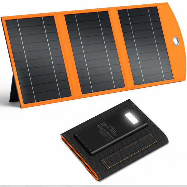 Solar Panels With 10000mAh Power Bank,Waterproof Solar Panel Charger with USB & Type-C Ports,Compatible with iPhone ipad Camera, Suitable for Camping, Hiking, Backpacking (Orange)