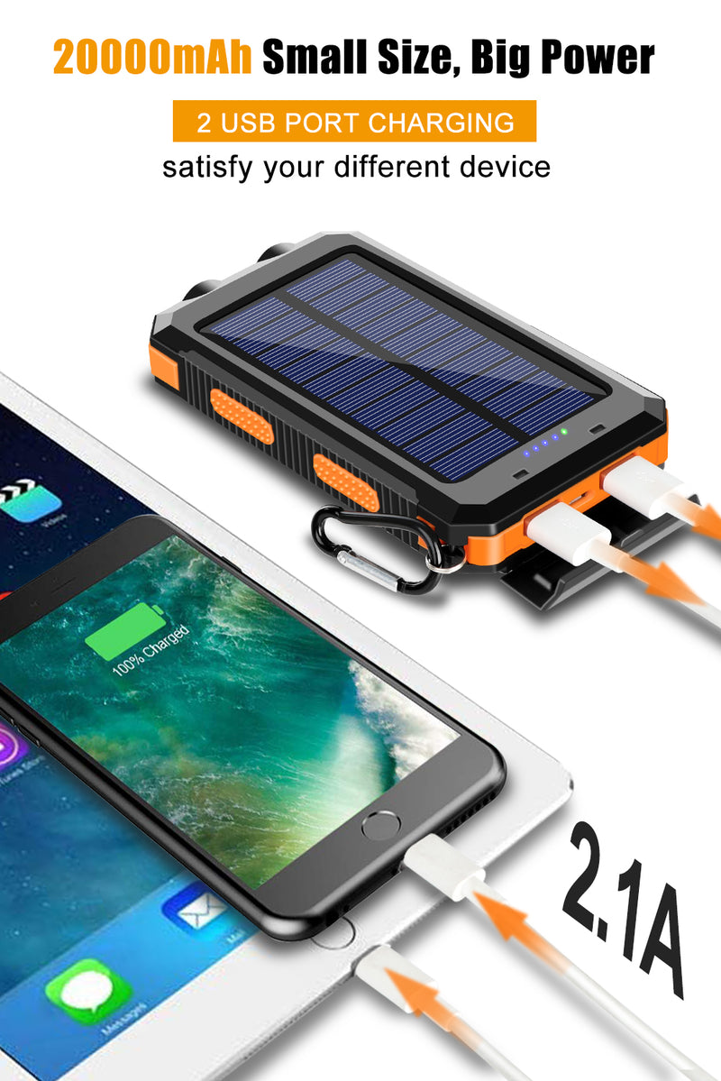 Suscell Solar Charger,20000mAh Solar Power Bank,Waterproof Portable Charger with Dual 5V USB Port/LED Flashlight