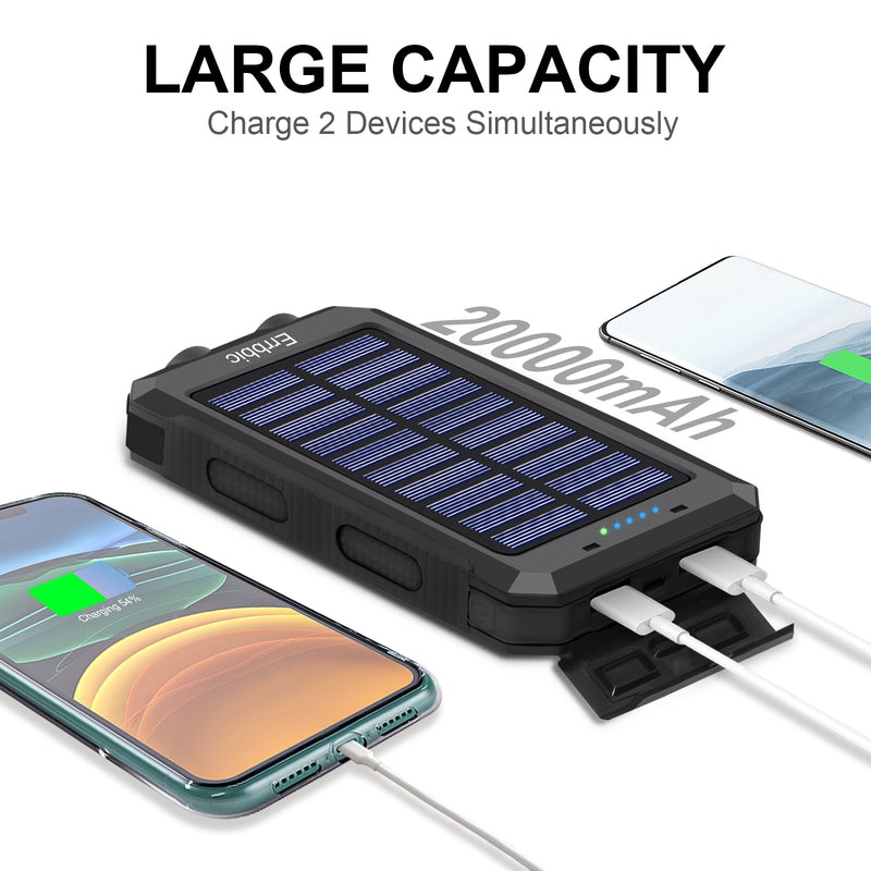 Solar Charger 20000mAh Solar Power Bank Waterproof Portable External Backup Battery Charger Built-in Dual USB/Flashlight for All Cell Phone, Tablet, and Electronic Devices(Black)