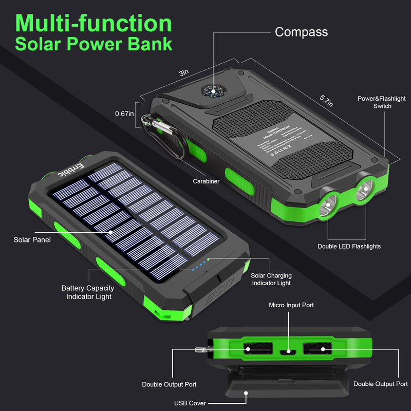 Solar Charger, 20000mAh Solar Power Bank Waterproof Portable Charger External Battery Packs with Dual 2 USB/LED Flashlights Port for All Cellphones, Tablets, and Electronic Devices