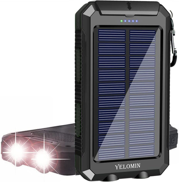 YELOMIN 20000mAh Portable Waterproof Solar Power Bank for Cellphones Tablets & Outdoor, External Backup Pack Battery Dual USB Outputs/LED Flashlights