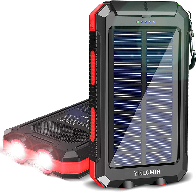 YELOMIN 20000mAh Portable Waterproof Solar Power Bank Built-in Dual USB Outputs/LED Flashlights, Suitable for Outdoor Camping Travel