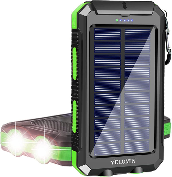 YELOMIN 20000mAh Waterproof Solar Power Bank,External Backup Pack Battery Dual USB Outputs/LED Flashlights, Suitable for Outdoor Camping (Green)