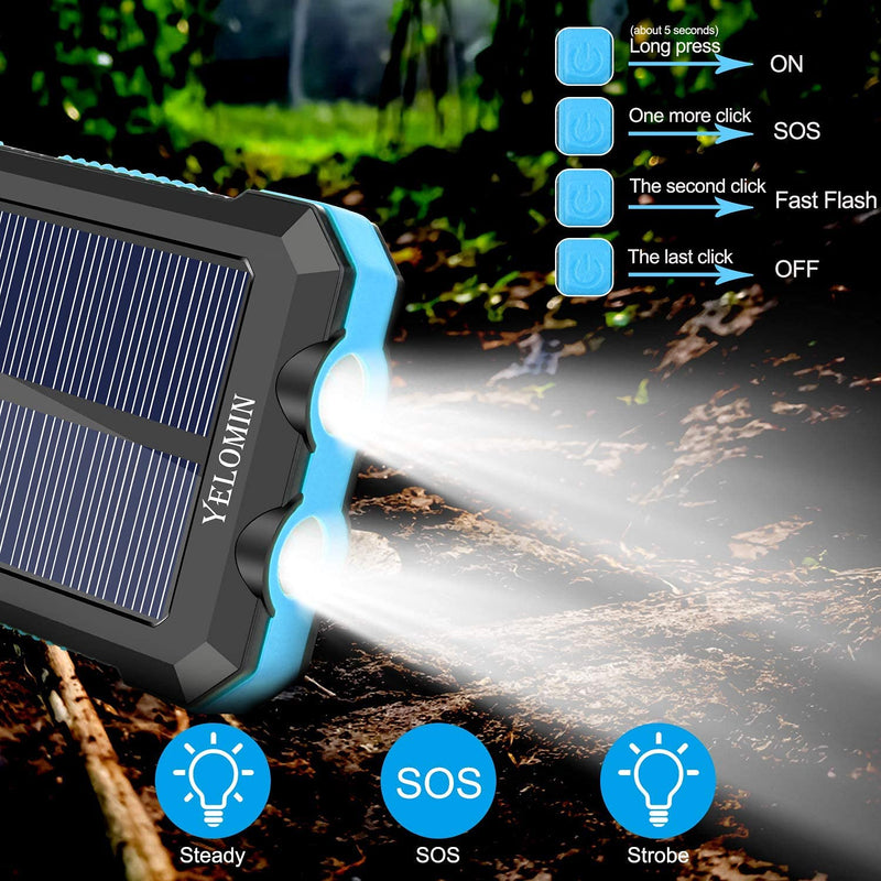 YELOMIN 30000mAh Portable Outdoor Solar Power Bank with Type-C Input Port Dual Flashlights & USB Outputs for Outdoor Use