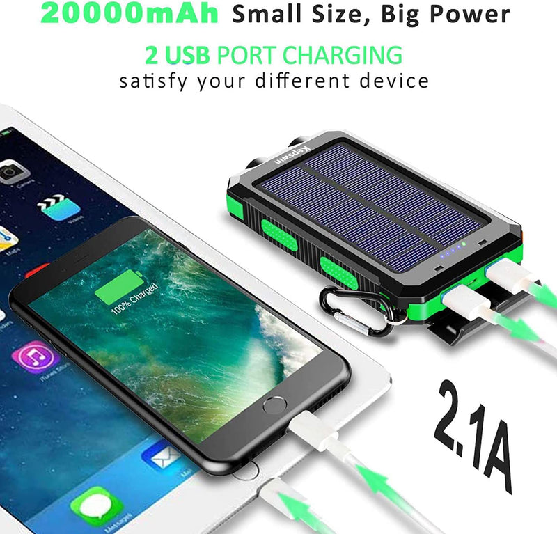 Kepswin 20000mAh Portable Solar Power Bank Compatible with iPhone, Tablet, Android, Suitable for Outdoor Camping