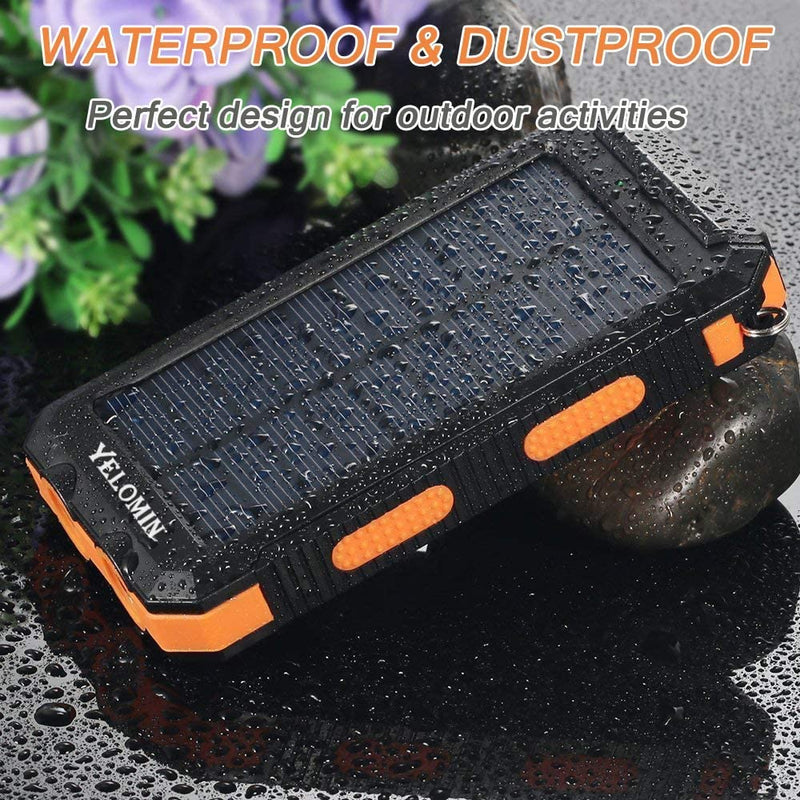 YELOMIN 20000mAh Portable Camping Waterproof Solar Power Bank for Cellphones, Outdoor External Backup Battery Pack Dual USB 5V Outputs/LED Flashlights