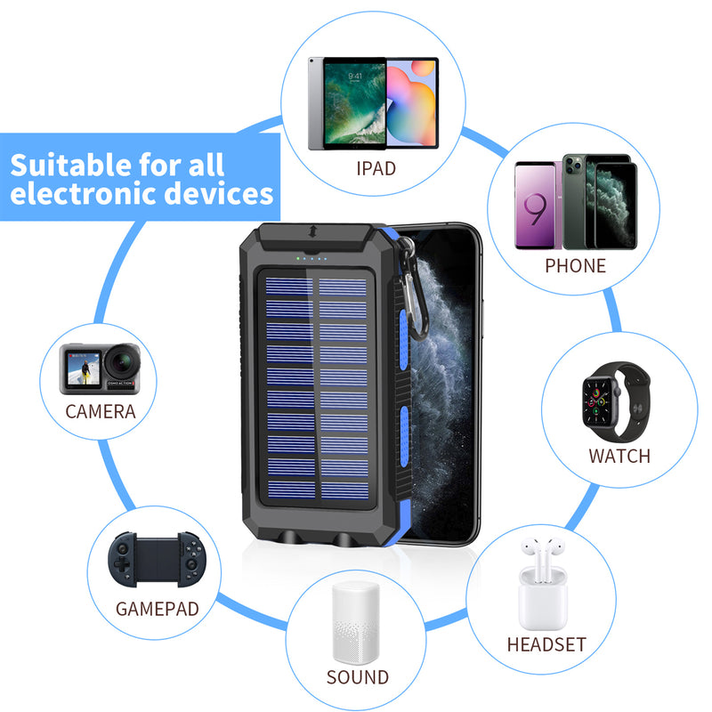 Solar Charger Portable Solar Power Bank for Cell Phone Waterproof External Backup Battery Power Pack Charger Built-in Dual USB/Flashlight