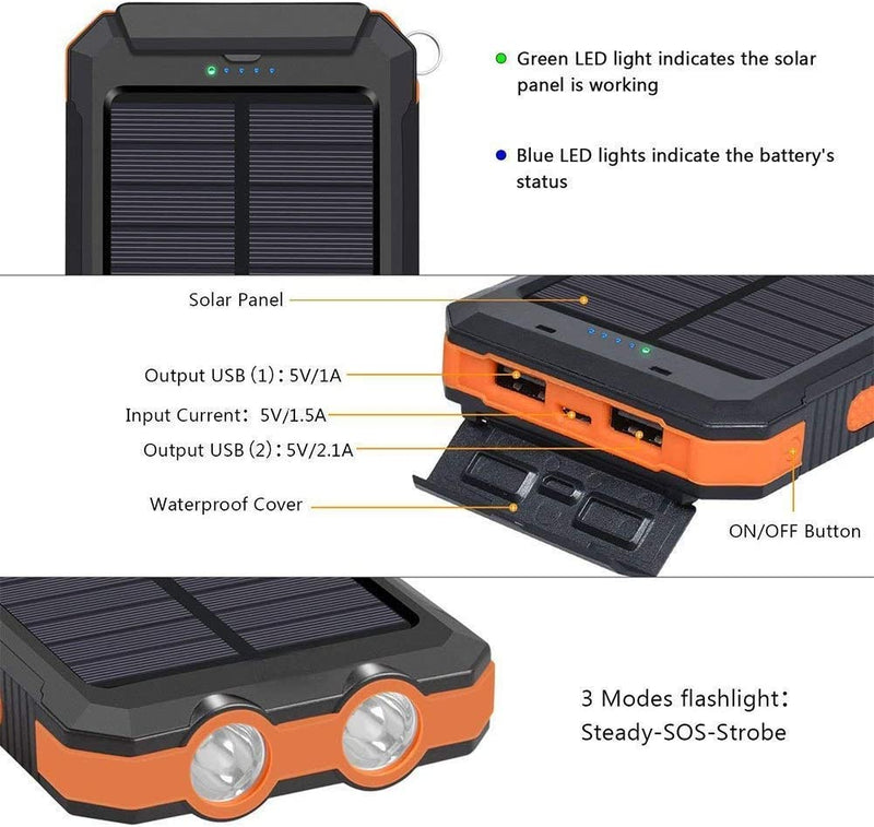 YELOMIN 20000mAh Portable Camping Waterproof Solar Power Bank for Cellphones, Outdoor External Backup Battery Pack Dual USB 5V Outputs/LED Flashlights