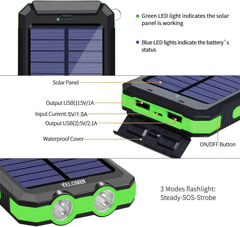YELOMIN 20000mAh Waterproof Solar Power Bank,External Backup Pack Battery Dual USB Outputs/LED Flashlights, Suitable for Outdoor Camping (Green)
