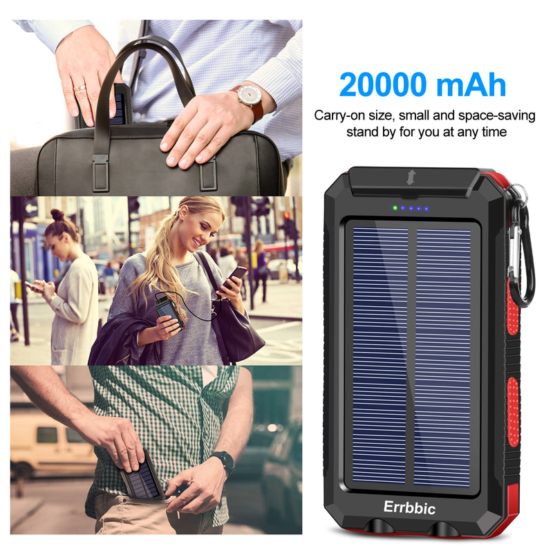 Solar Charger 20000mAh Portable Solar Power Bank Waterproof External Backup Battery Power Pack Charger Dual USB with 2 LED Flashlight for Cell Phone and Other Electronic Devices