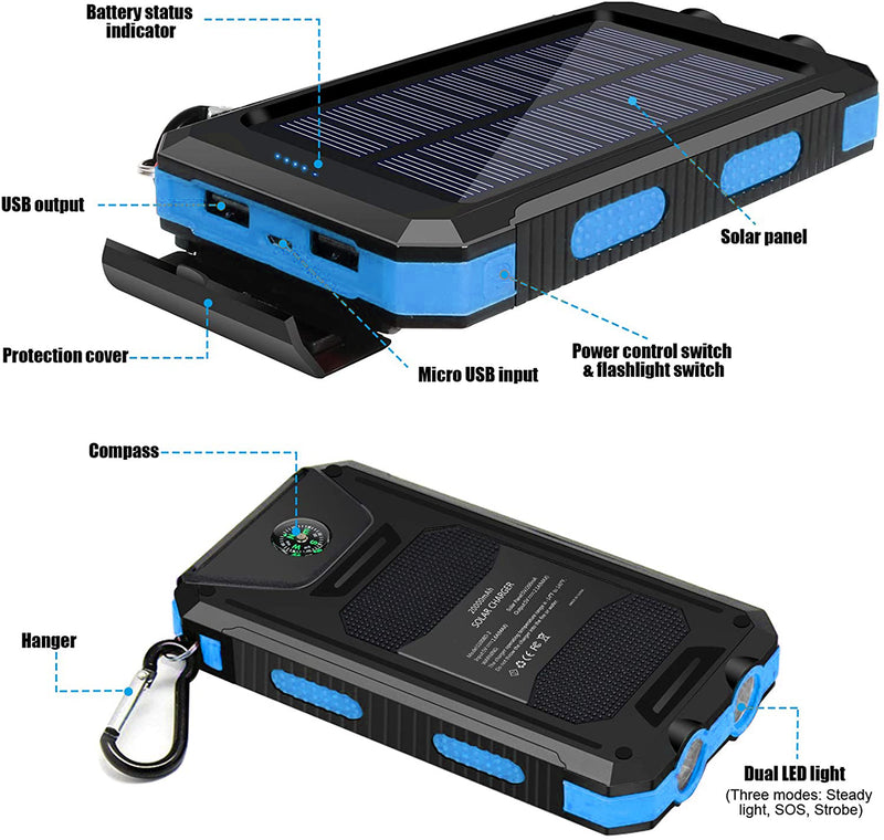 Kepswin 20000mAh Portable Solar Power Bank with 2 USB/LED Flashlights Compatible with iPhone, Tablet, Android, Suitable for Outdoor Camping