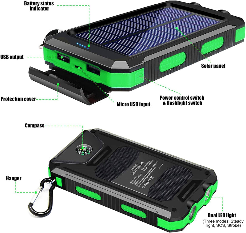 Kepswin 20000mAh Portable Solar Power Bank Compatible with iPhone, Tablet, Android, Suitable for Outdoor Camping
