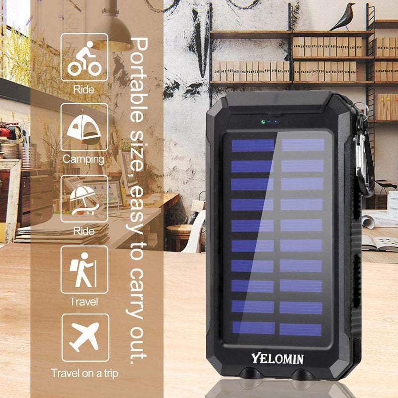 YELOMIN 20000mAh Portable Waterproof Solar Power Bank for Cellphones Tablets & Outdoor, External Backup Pack Battery Dual USB Outputs/LED Flashlights