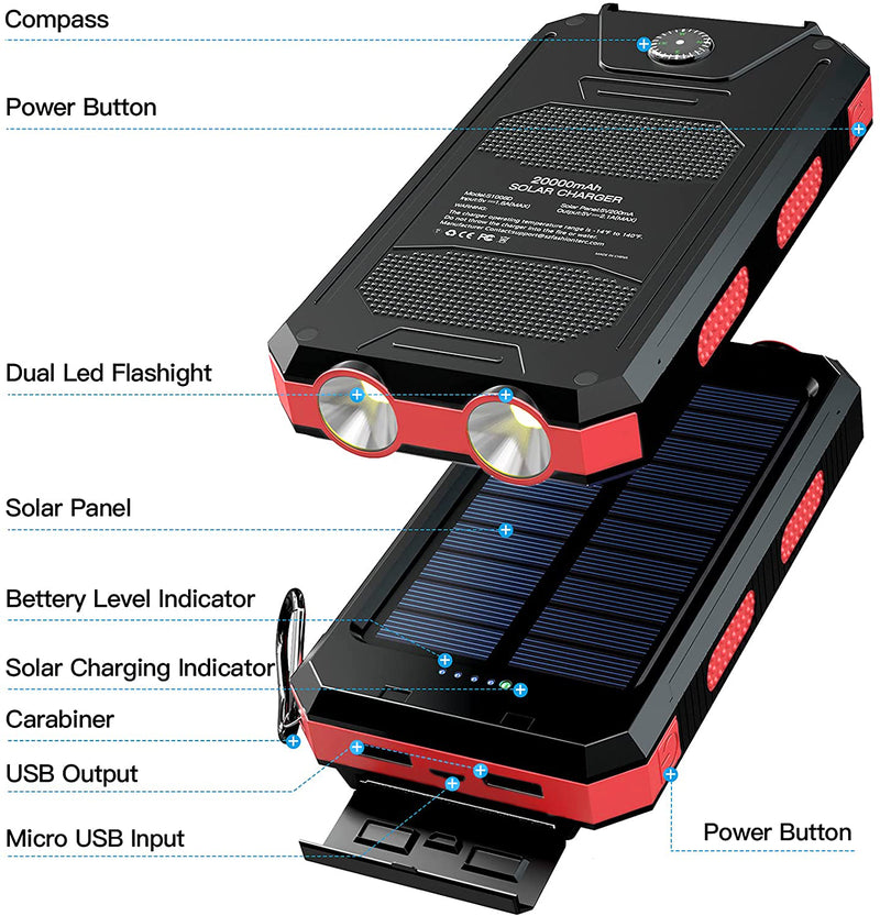Suscell Solar Charger 20000mAh Compatible with All Smartphone External Battery Pack Perfect for Outdoor/Camping/Trip (Red)