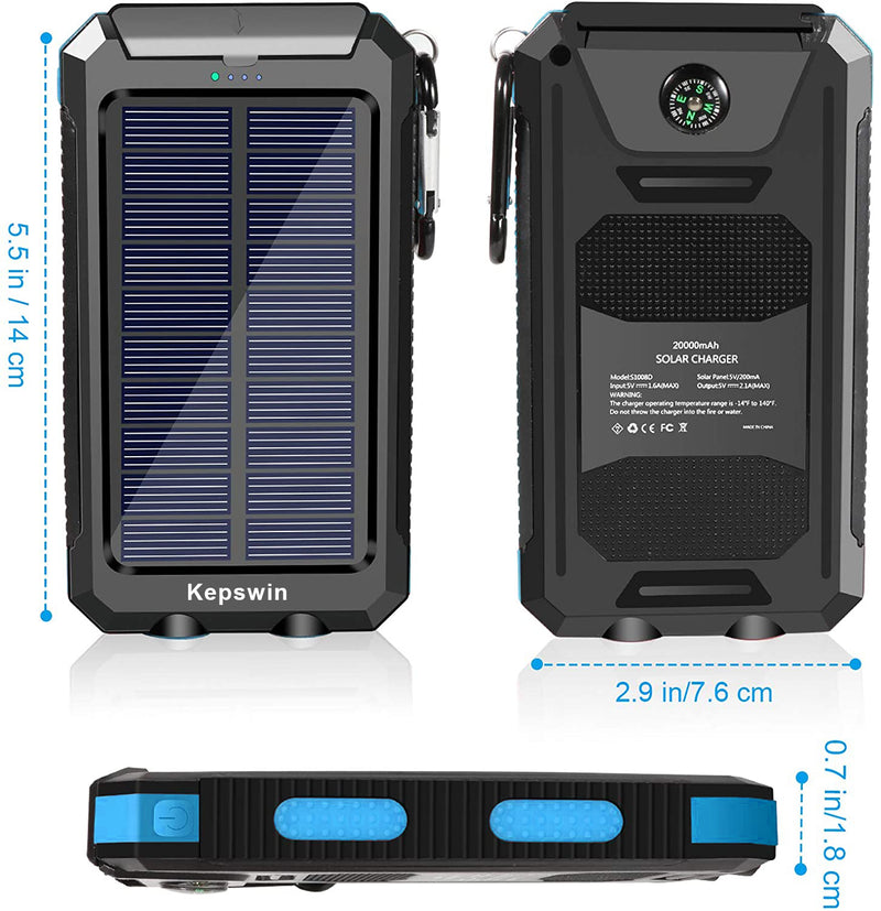 Kepswin 20000mAh Portable Solar Power Bank with 2 USB/LED Flashlights Compatible with iPhone, Tablet, Android, Suitable for Outdoor Camping
